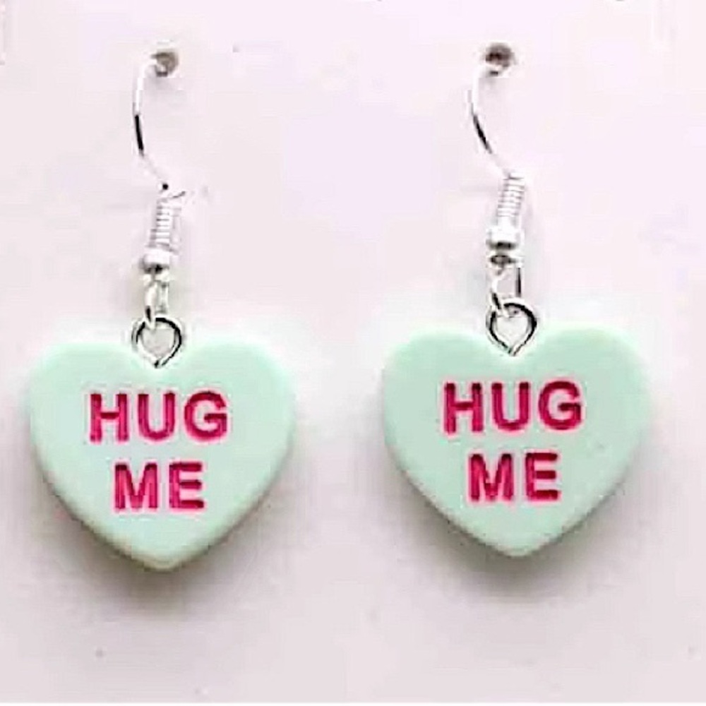 NWT - Sweethearts “Hug Me” Green Heart candy valentines dangle earring set